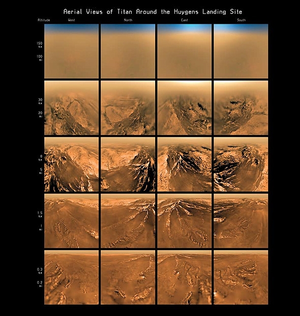 Imagens areas de Tit captadas pela sonda Huygens, durante a sua descida sobre aquela lua de Saturno (ESA)